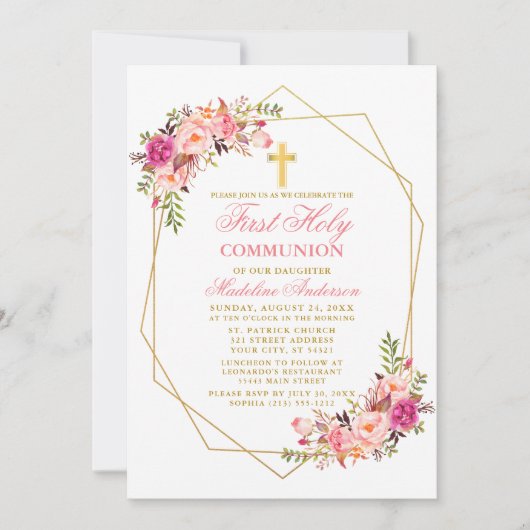 Waterverf Roze Blush Bloemen Geo Lijst Communie Kaart (Voorkant)