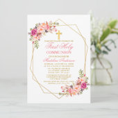 Waterverf Roze Blush Bloemen Geo Lijst Communie Kaart (Staand voorkant)