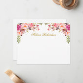 Waterverf Roze Blush Bloemen Gepersonaliseerd Goud Notitiekaartje (Voorkant / Achterkant in situ)