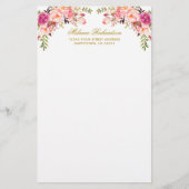 Waterverf Roze Blush Bloemen Goud Gepersonaliseerd Briefpapier (Voorkant)
