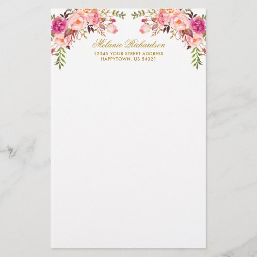 Waterverf Roze Blush Bloemen Goud Gepersonaliseerd Briefpapier (Voorkant)