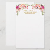 Waterverf Roze Blush Bloemen Goud Gepersonaliseerd Briefpapier (Voorkant / Achterkant)
