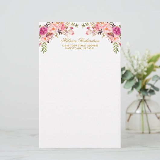 Waterverf Roze Blush Bloemen Goud Gepersonaliseerd Briefpapier (Staand voorkant)