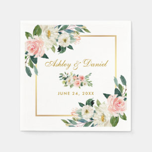Waterverf Roze Blush Bloemen Goud Lijst Bruiloft Servet