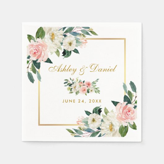 Waterverf Roze Blush Bloemen Goud Lijst Bruiloft Servet (Voorkant)