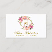 Waterverf Roze Blush Bloemen Goud Monogram Visitekaartje (Voorkant)