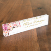 Waterverf Roze Blush Bloemen Goud Naambordje (Zijkant)