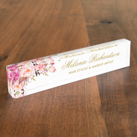 Waterverf Roze Blush Bloemen Goud Naambordje (Zijkant)