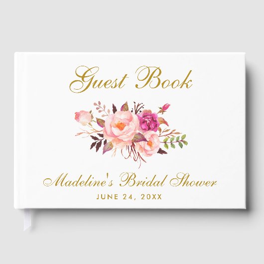 Waterverf Roze Blush Bloemen Goud Vrijgezellenfees Gastenboek (Voorkant)