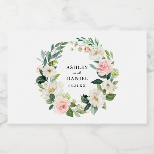 Waterverf Roze Blush Bloemen Krans Bruiloft Mini Sparkling Wijnetiket (Enkel label)