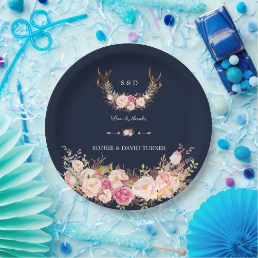 Waterverf Roze Blush Bloemengewei Navywedding Papieren Bordje (Feest)