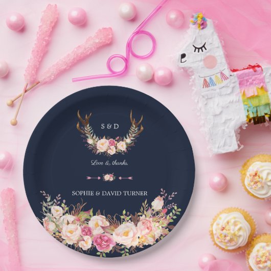 Waterverf Roze Blush Bloemengewei Navywedding Papieren Bordje (Feest)