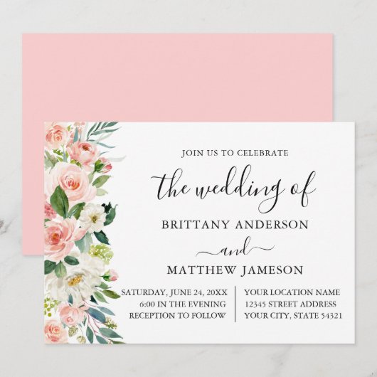 Waterverf roze blush bloemenkalligrafie bruiloft kaart (Voorkant / Achterkant)