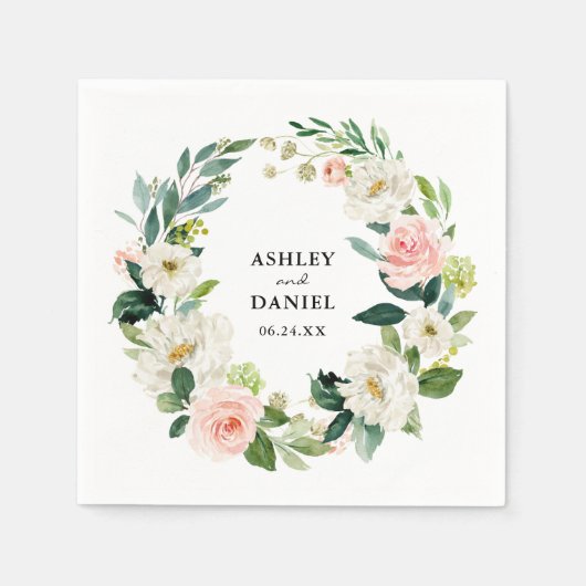 Waterverf roze blush bloemenkrans bruiloft servet (Voorkant)