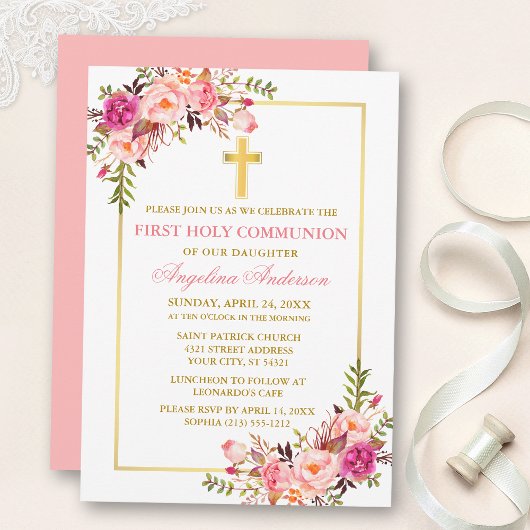 Waterverf Roze Blush Bloemstuk Eerste Heilige Comm Kaart
