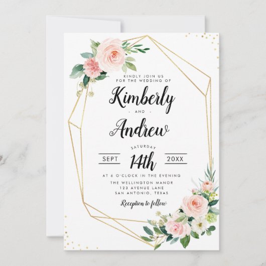 Waterverf roze blush bloesem geometrische bruiloft kaart (Voorkant)