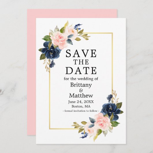 Waterverf Roze Blush Blue Rozen Gold Lijst Save The Date (Voorkant / Achterkant)