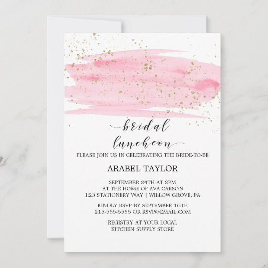 Waterverf Roze Blush en Gold Bridal Luncheon Kaart (Voorkant)