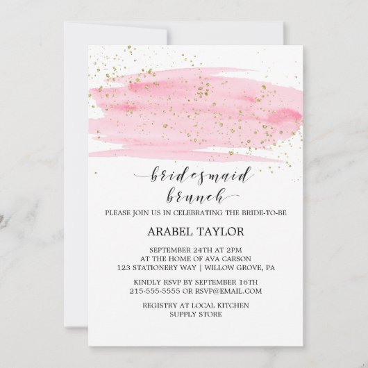 Waterverf Roze Blush en Gold Bridesmaid Brunch Kaart (Voorkant)