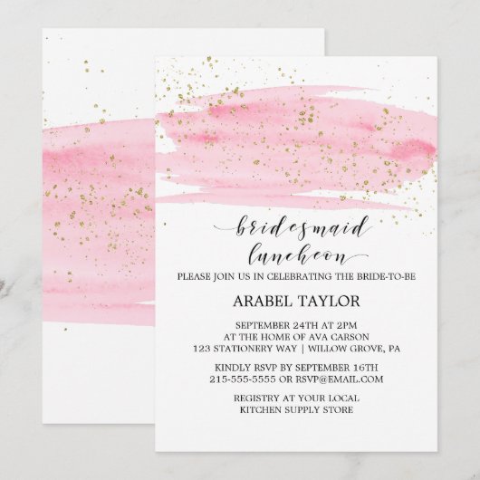 Waterverf Roze Blush en Gold Bridesmaid Luncheon Kaart (Voorkant / Achterkant)
