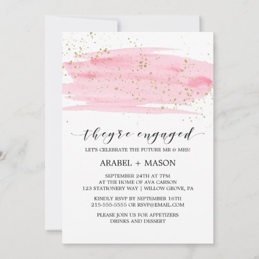 Waterverf Roze Blush en Gold Engagement Party Kaart (Voorkant)