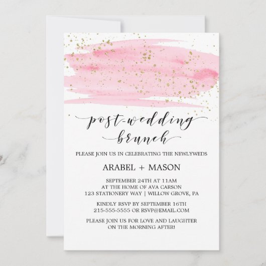 Waterverf Roze Blush en Goud Post-Wedding Brunch Kaart (Voorkant)