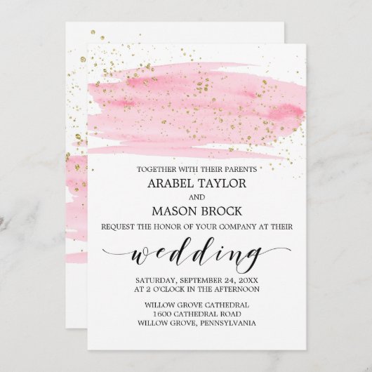 Waterverf Roze Blush en gouden ruggengraat Kaart (Voorkant / Achterkant)