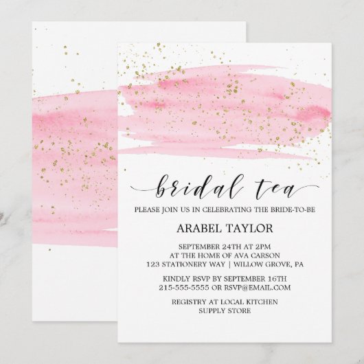 Waterverf Roze Blush en gouden ruggengraat Kaart (Voorkant / Achterkant)