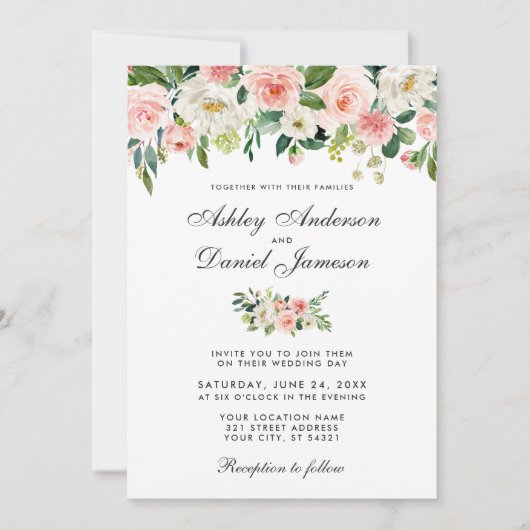 Waterverf Roze Blush en White Floral Wedding Kaart (Voorkant)