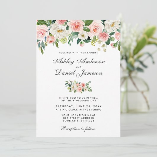Waterverf Roze Blush en White Floral Wedding Kaart (Staand voorkant)