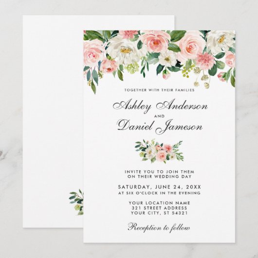 Waterverf Roze Blush en White Floral Wedding Kaart (Voorkant / Achterkant)