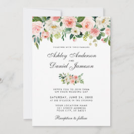 Waterverf Roze Blush en White Floral Wedding Kaart