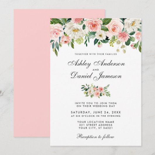 Waterverf Roze Blush en White Floral Wedding P Kaart (Voorkant / Achterkant)