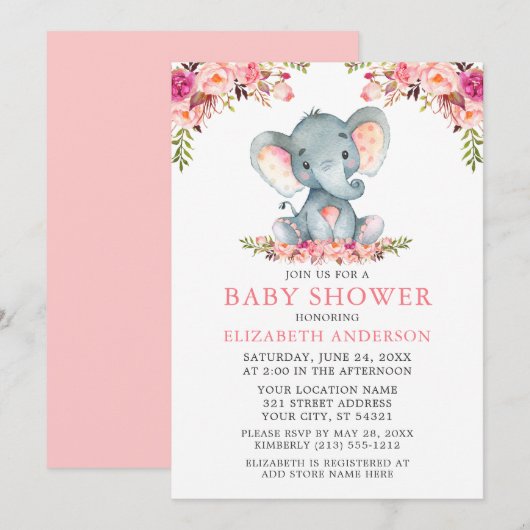 Waterverf Roze Blush Floral Baby shower Elephant Kaart (Voorkant / Achterkant)