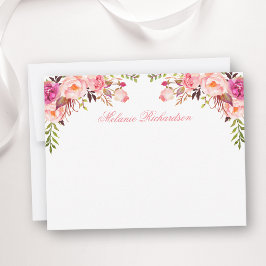 Waterverf Roze Blush Floral gepersonaliseerd Notitiekaartje