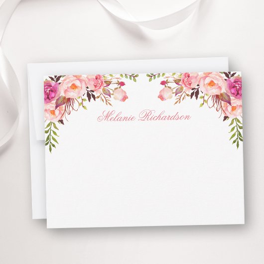 Waterverf Roze Blush Floral gepersonaliseerd Notitiekaartje
