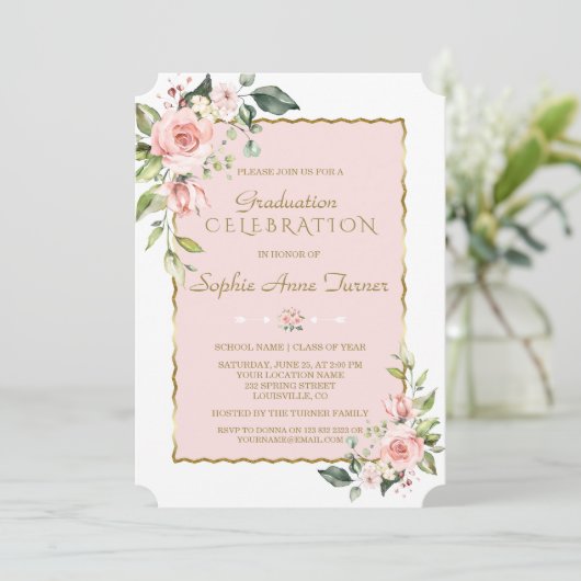 Waterverf Roze Blush Floral Gold Graduparty Kaart (Staand voorkant)