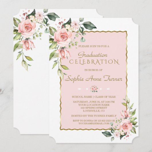 Waterverf Roze Blush Floral Gold Graduparty Kaart (Voorkant / Achterkant)