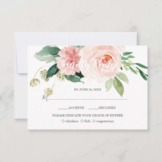 Waterverf Roze Blush Flowers Deep Aqua Weddenschap RSVP Kaartje (Voorkant)