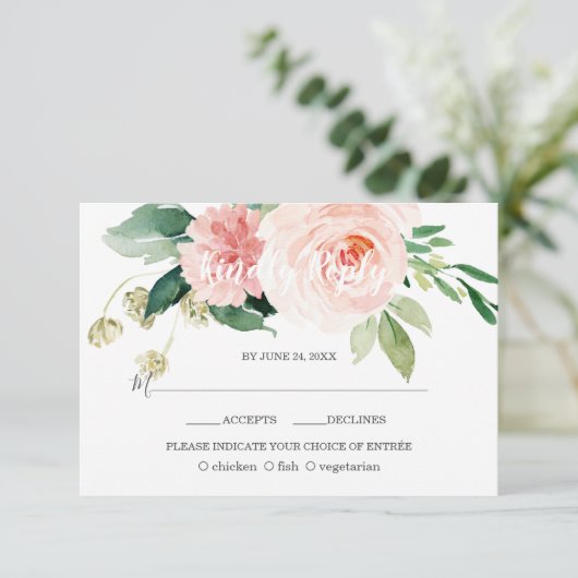 Waterverf Roze Blush Flowers Deep Aqua Weddenschap RSVP Kaartje (Staand voorkant)