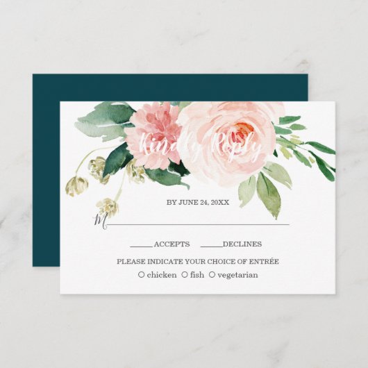 Waterverf Roze Blush Flowers Deep Aqua Weddenschap RSVP Kaartje (Voorkant / Achterkant)