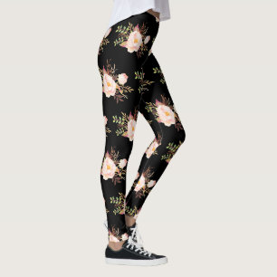 Waterverf Roze Blush Flowers Zwart Patroon Leggings