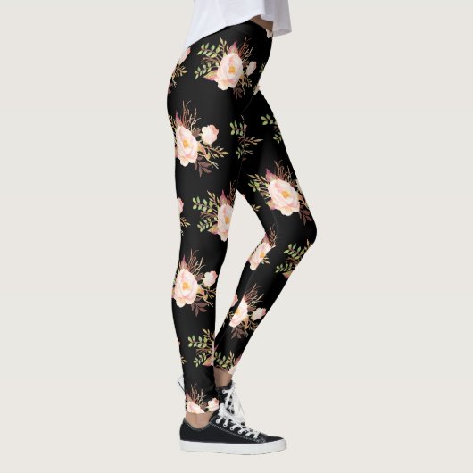 Waterverf Roze Blush Flowers Zwart Patroon Leggings (Rechts)