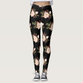 Waterverf Roze Blush Flowers Zwart Patroon Leggings (Voorkant)