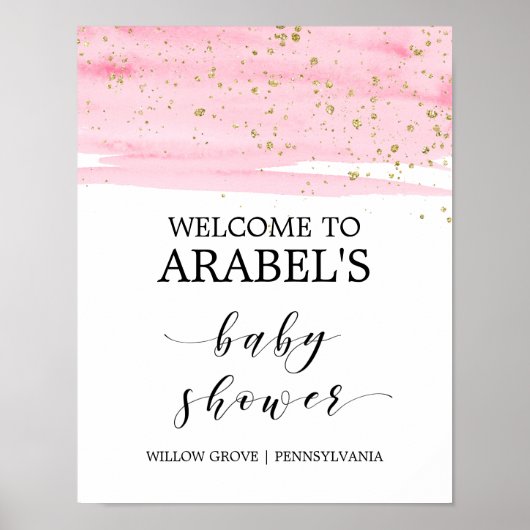 Waterverf Roze Blush & Gold Baby shower Welkom Poster (Voorkant)
