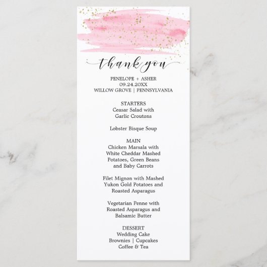 Waterverf Roze Blush & Gold Bedankt Menu (Voorkant)