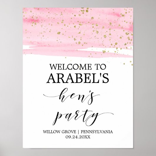 Waterverf Roze Blush & Gold Hen's Party Welcome Poster (Voorkant)