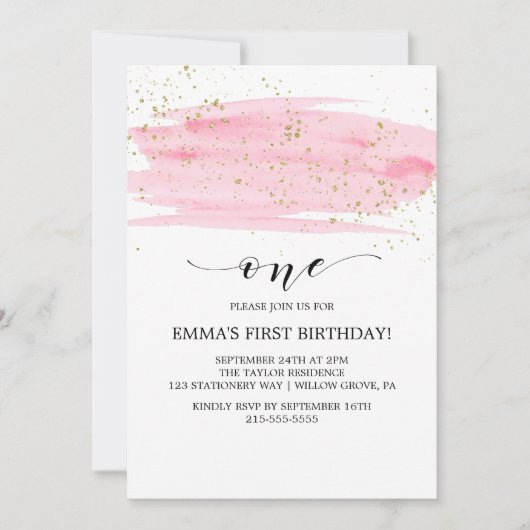 Waterverf Roze Blush & Gold Sparkle 1st Birthday Kaart (Voorkant)
