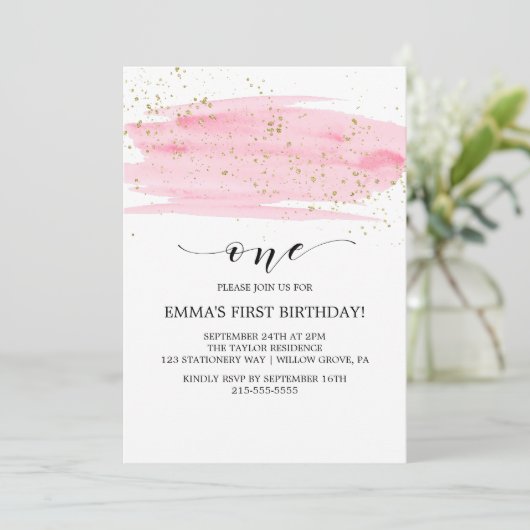 Waterverf Roze Blush & Gold Sparkle 1st Birthday Kaart (Staand voorkant)
