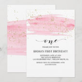 Waterverf Roze Blush & Gold Sparkle 1st Birthday Kaart (Voorkant / Achterkant)